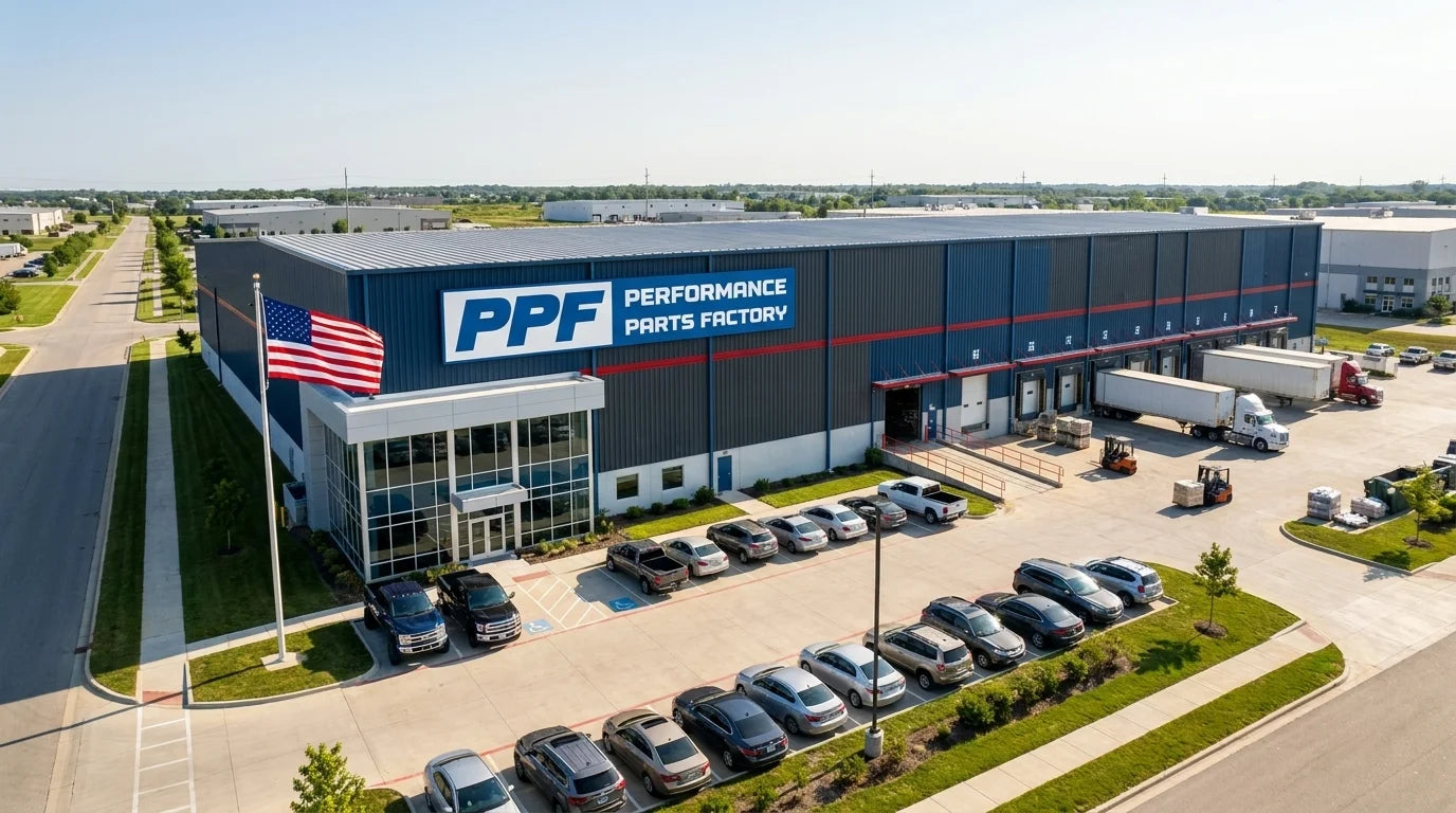 Aerial view of the Performance Parts Factory facility with loading docks, semi trucks and an American flag